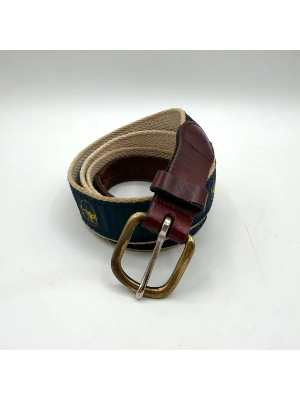 Vintage Made in USA Navy Eagle Print Canvas & Leather Belt Brass Buckle Size 44